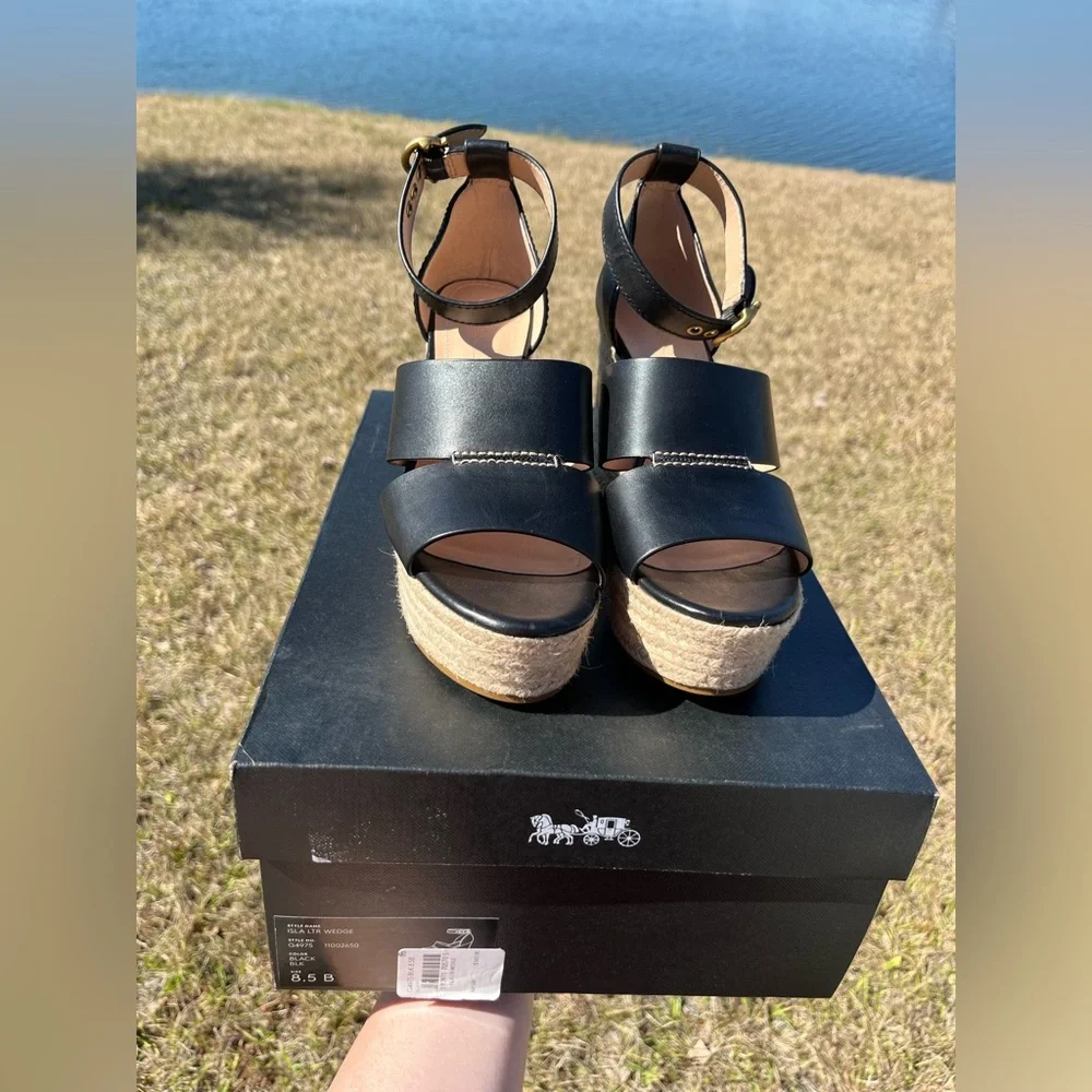 Coach Black Leather Espadrille Wedge Sandals